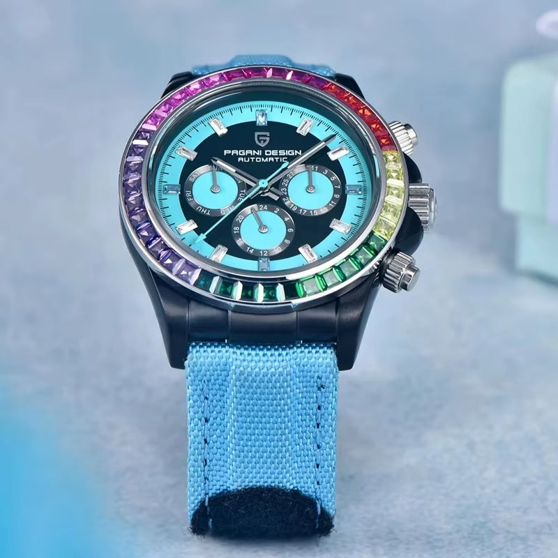 40MM Rainbow Bezel Chronograph Sapphire Luxury Automatic Mechanical Watches Men'S Stainless Steel Waterproof Clock